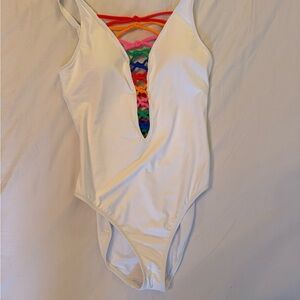 Bleu Rod Beattie White One Piece Swimsuit with Multicolor Straps